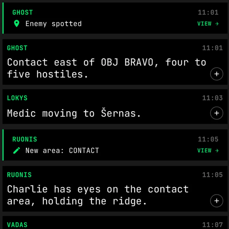 Session chat with contact reports, enemy-spotted markers and a new area